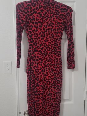 JLux Label Red and Black Leopard Print Long Sleeve Bodycon Midi Dress